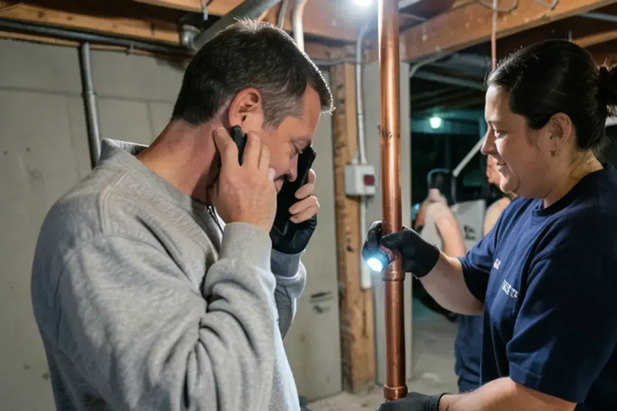 Homeowner on the phone pointing a flashlight at a dripping pipe joint in a basement
