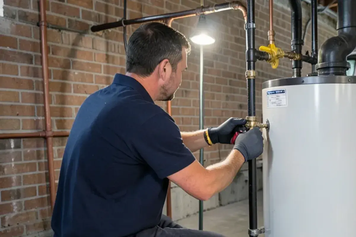 Plumber checking the temperature-and-pressure relief valve on a basement gas water heater