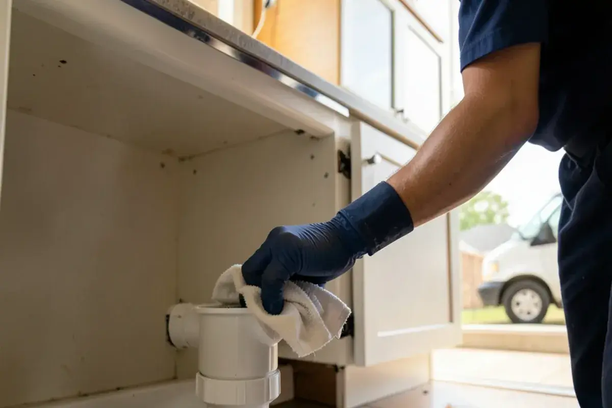 Plumber wiping down a newly repaired sink trap and rolling up a drop cloth