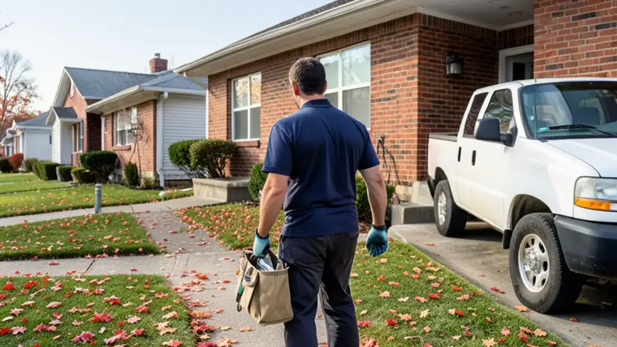 Plumber in a navy work shirt walking toward a brick ranch home in a Macomb County subdivision on an autumn morning