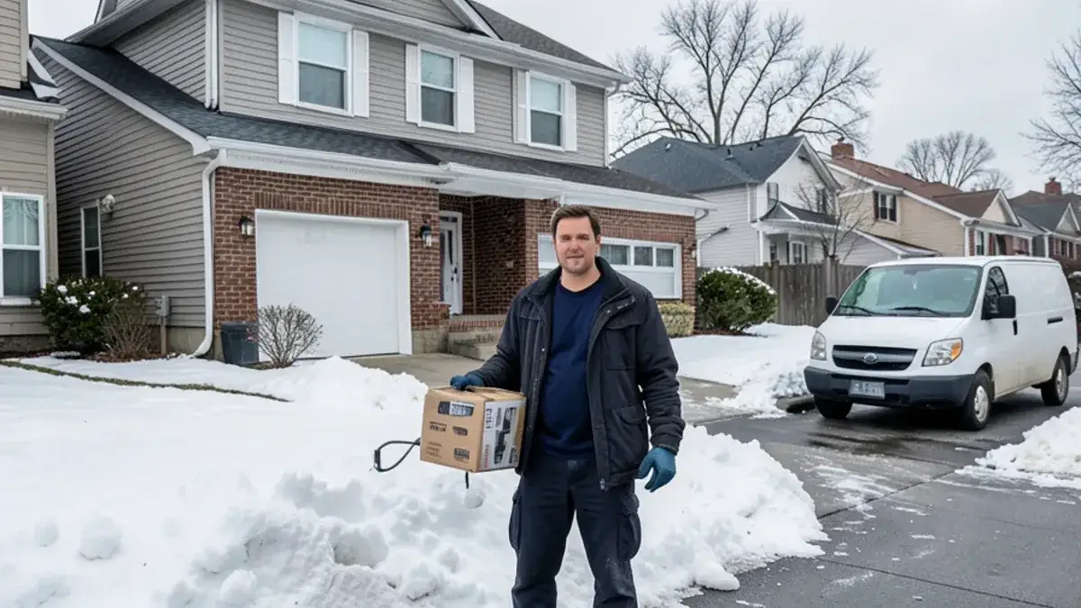 Plumber carrying a boxed sump pump past snowbanks to a 2000s brick-front colonial in Chesterfield Township