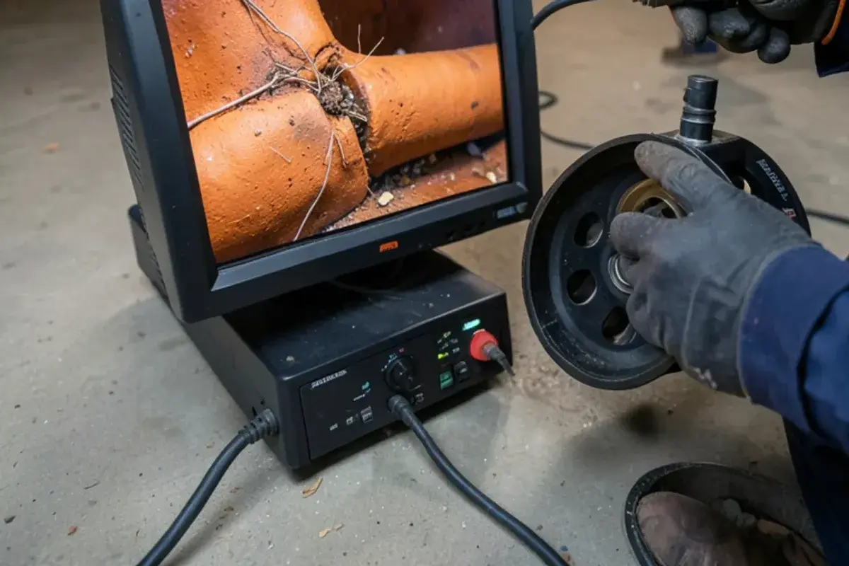 Sewer camera monitor showing root intrusion at a joint in a vitrified clay lateral from a Clinton Township home