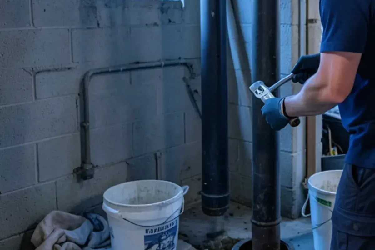 Plumber opening a four-inch cleanout at the base of a cast iron stack in an older ranch basement
