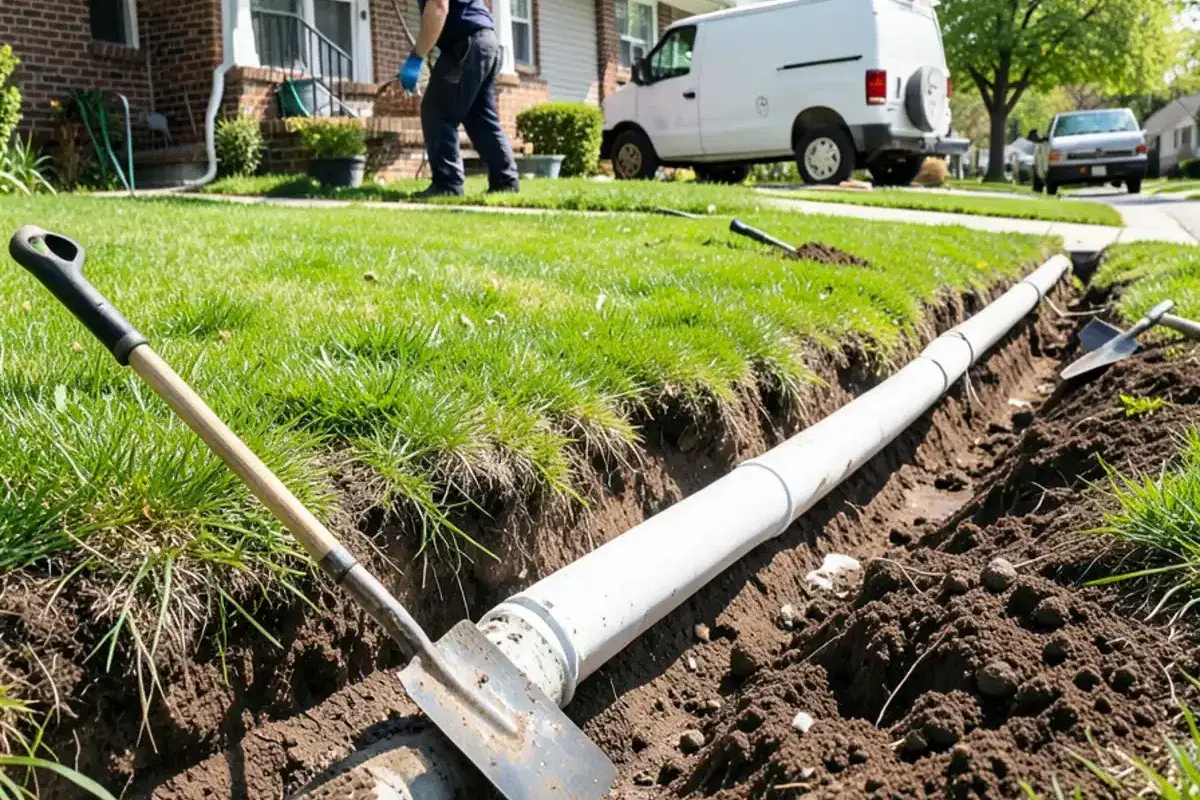 Open trench with new white PVC sump discharge pipe left uncovered for a township inspection in late spring