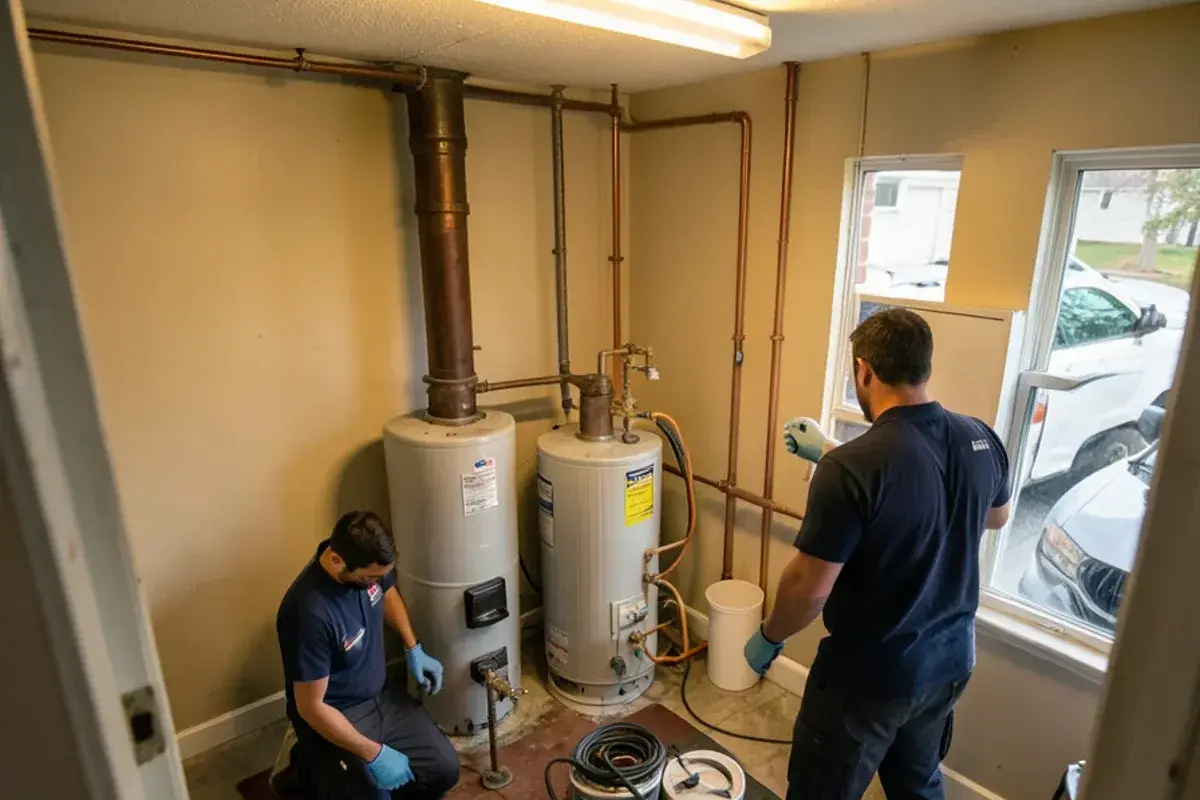 Shared drain stack and cleanout in the utility room of a 1970s condo building in Clinton Township