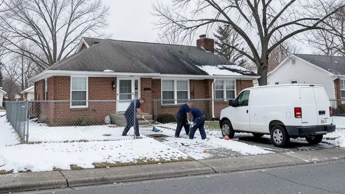 1950s brick ranch in Clinton Township on a snowy winter morning with a white plumbing van at the curb