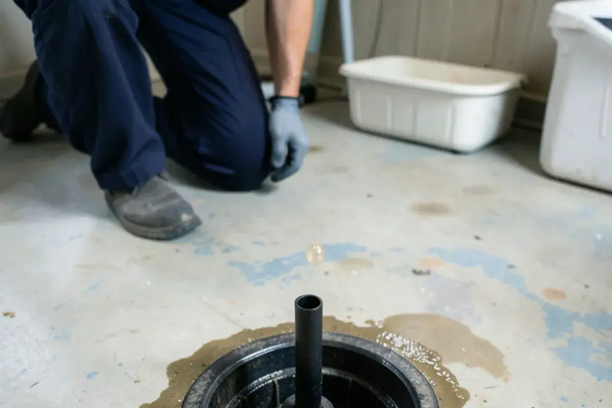 Old basement floor drain fitted with a rubber standpipe plug in an Eastpointe bungalow