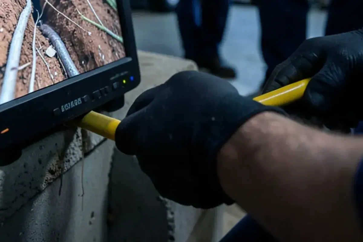 Inspection monitor showing tree roots at a clay sewer joint while a plumber holds the camera push rod in Fraser