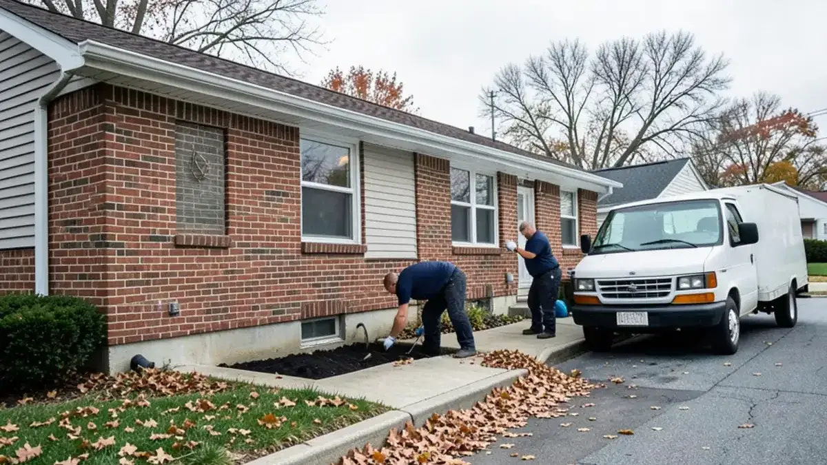 Plumbing van in the driveway of a 1960s ranch in Fraser with leaves in the gutter in late autumn