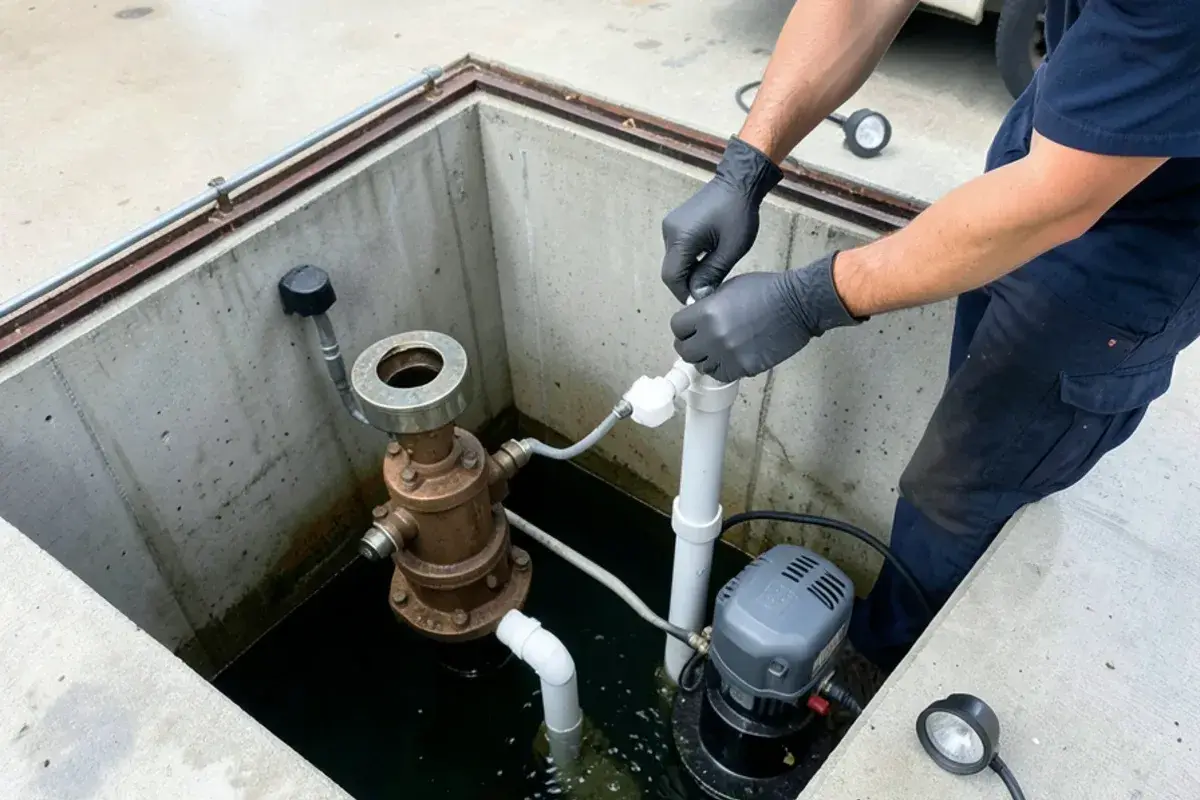Sump pit in a lakefront basement with a primary pump, check valve and battery backup pump