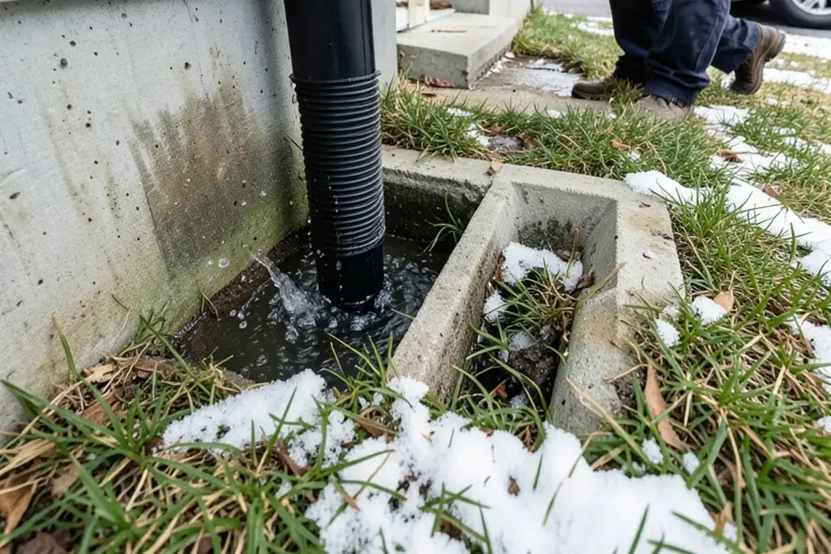 Black sump discharge pipe ending at a splash block beside a Macomb Township home as snowmelt drains across the lawn