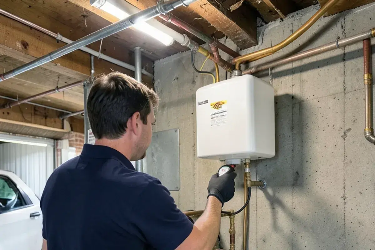 Plumber in a navy work shirt checking the expansion tank above a gas water heater on a poured concrete basement wall