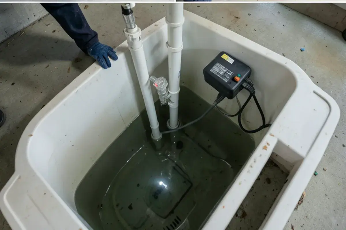 Open basement sump pit with a submersible pump, a clear check valve and a battery backup unit on the floor beside it