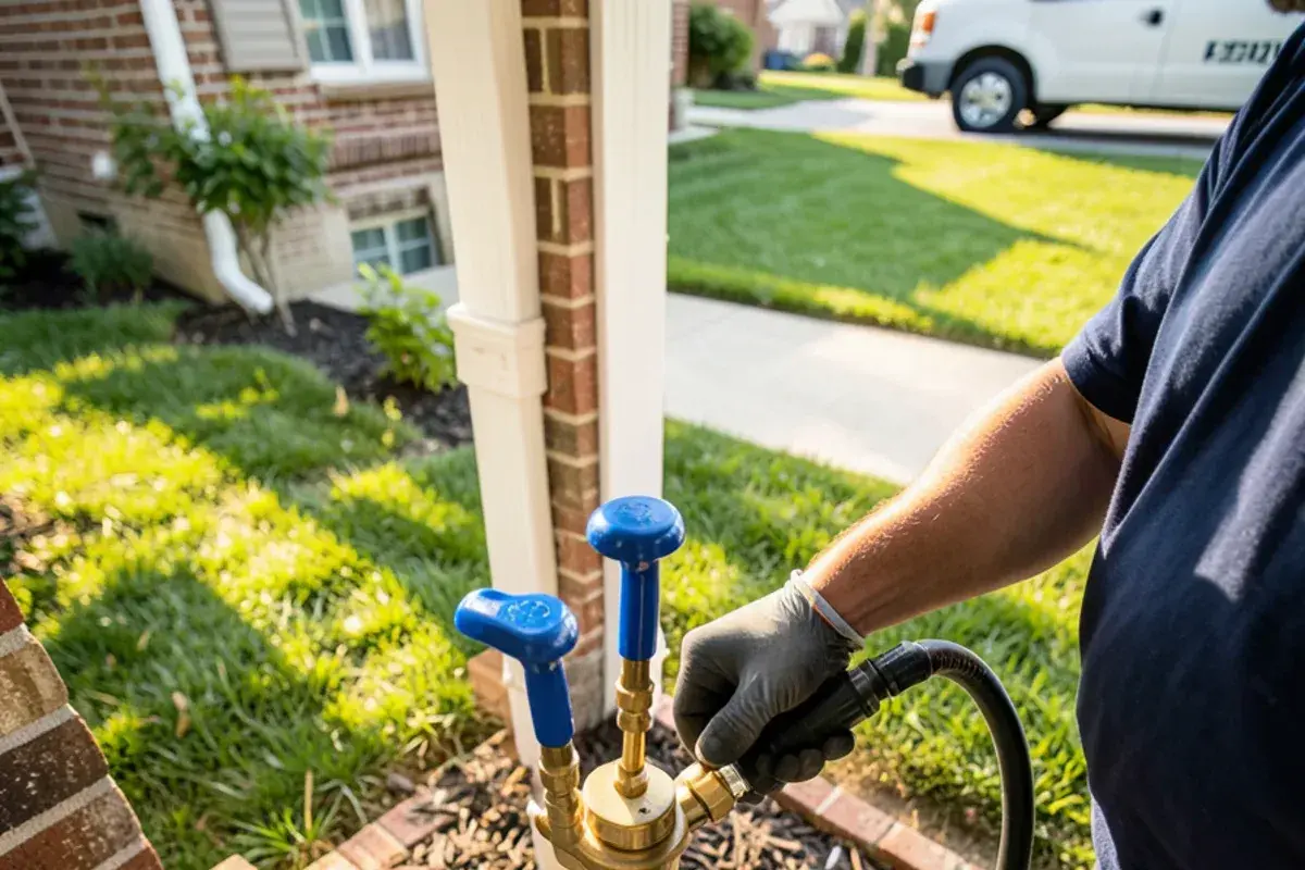 Brass pressure vacuum breaker for a lawn sprinkler system on the side of a Macomb Township house in summer