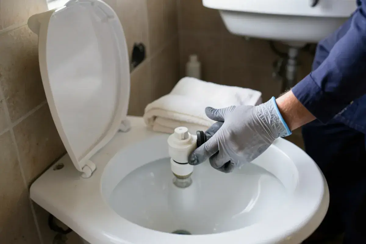 Plumber installing a new fill valve inside the tank of a white toilet in a 2000s-era bathroom