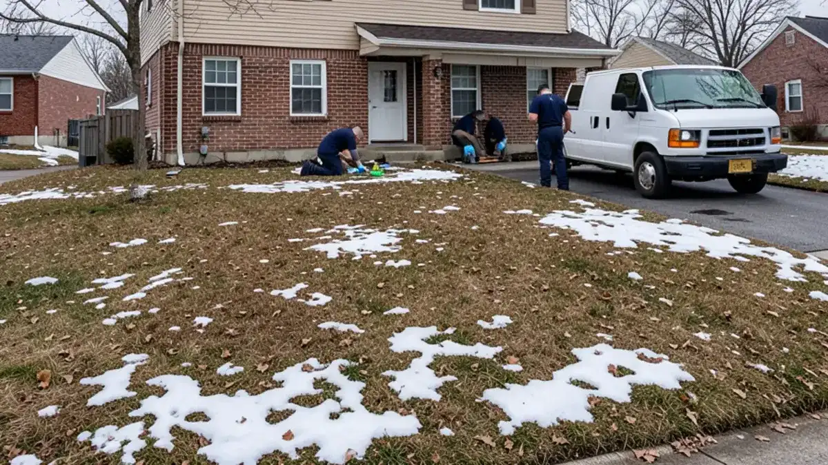Two-story brick and vinyl colonial in a Macomb Township subdivision during the spring thaw, with a white plumbing van in the driveway