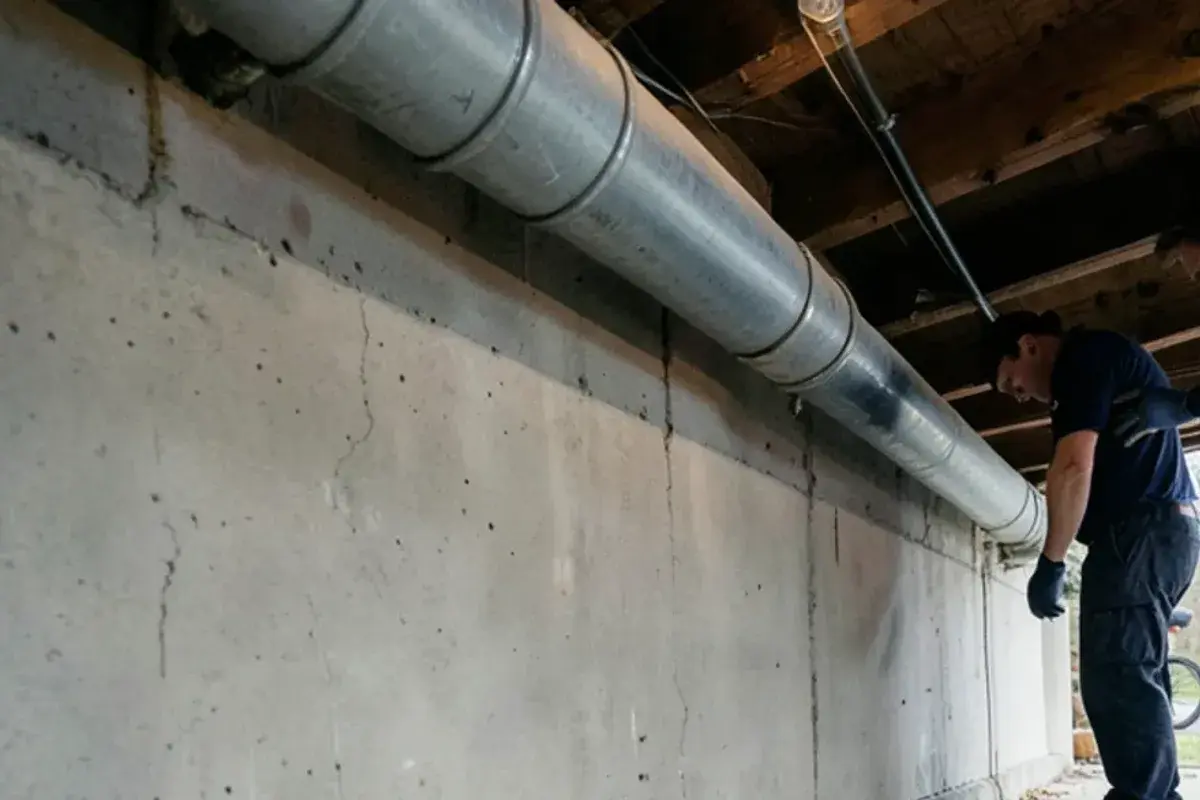 Rust-streaked cast iron building drain and galvanized water pipe in a Mount Clemens basement