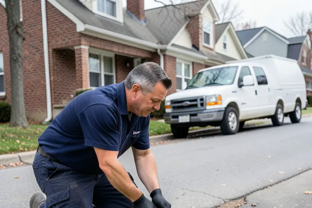 Plumber turning a curb stop with a long key in the grass strip in front of a Mount Clemens house