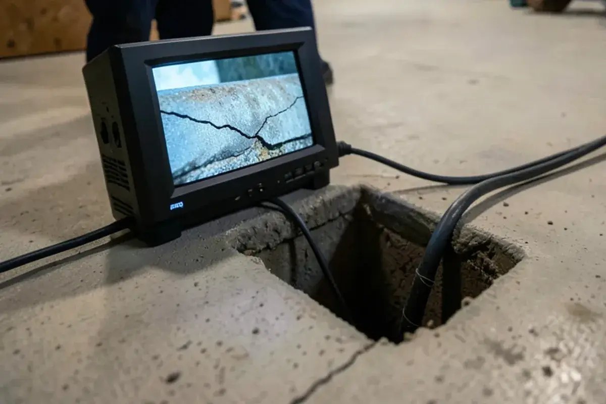 Sewer camera monitor showing a cracked cast iron lateral under a Mount Clemens home