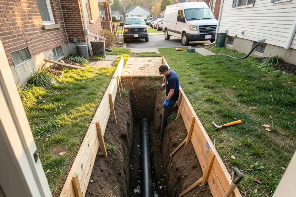 Narrow side-yard excavation beside an older Mount Clemens house exposing the sewer lateral