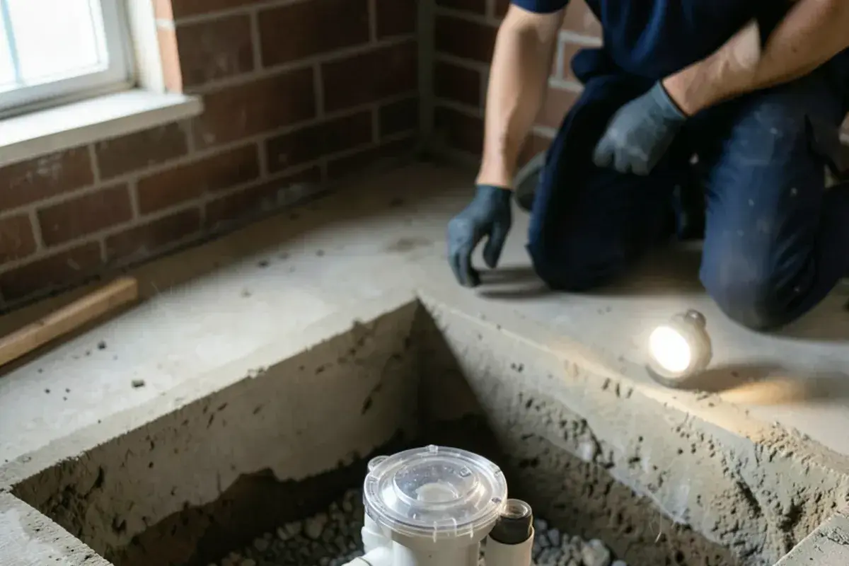 Newly set backwater valve in a cut-open basement floor of a Mount Clemens home before patching