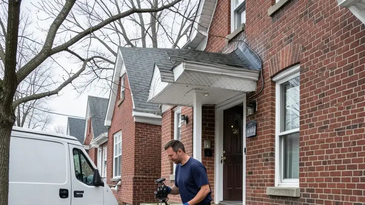 Plumber carrying a sewer camera reel up the walk of a 1950s brick bungalow in Mount Clemens in late fall