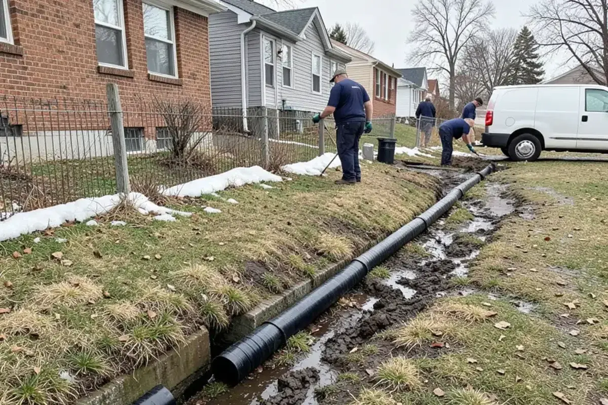 Black sump discharge hose extended across a thawing New Baltimore lawn away from the foundation