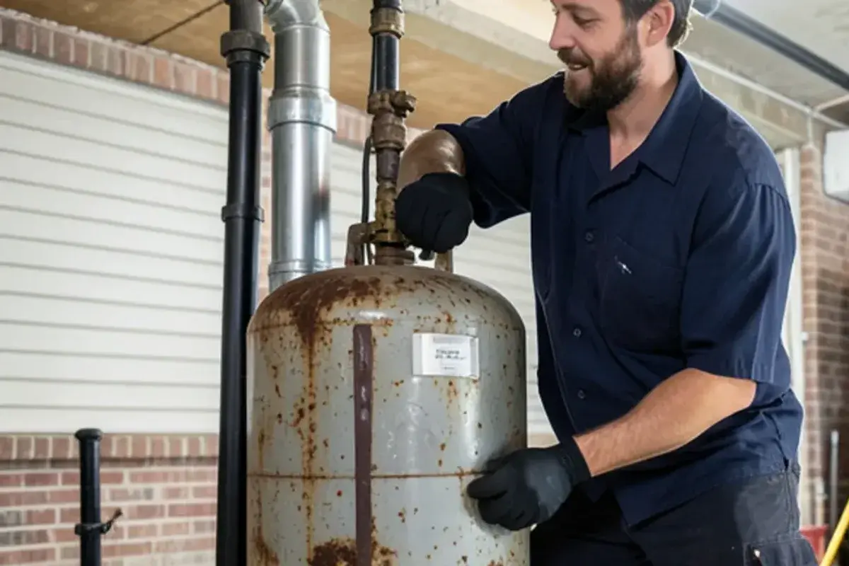 Plumber setting a new gas water heater in a poured-concrete basement in New Baltimore