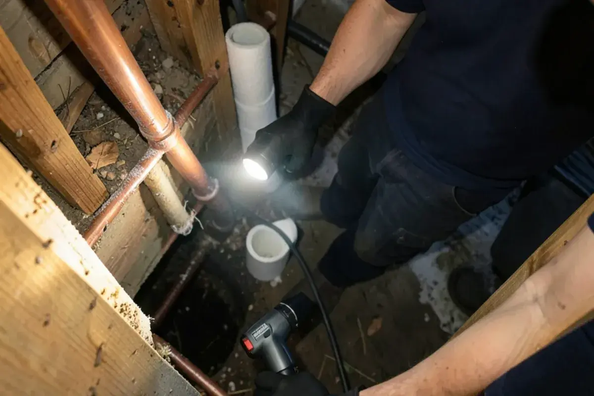 Frosted copper water line in an older New Baltimore crawlspace being warmed with a heat gun