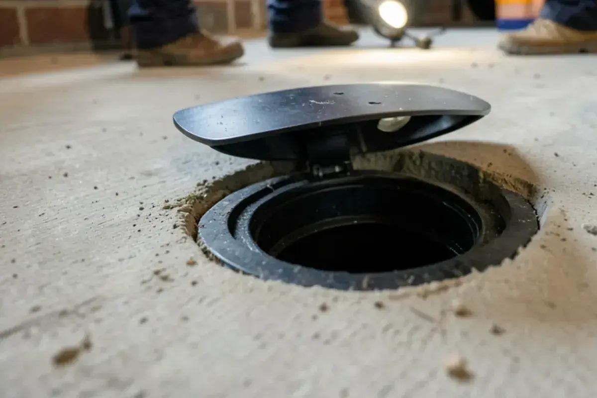 Access lid for a backwater valve set into a basement floor in a New Baltimore home