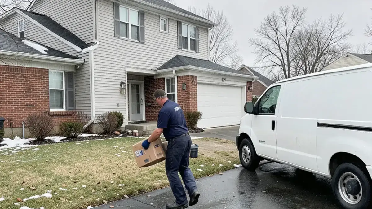 Plumber carrying a new sump pump from a white van toward a 1990s two-story home in New Baltimore on a wet spring day