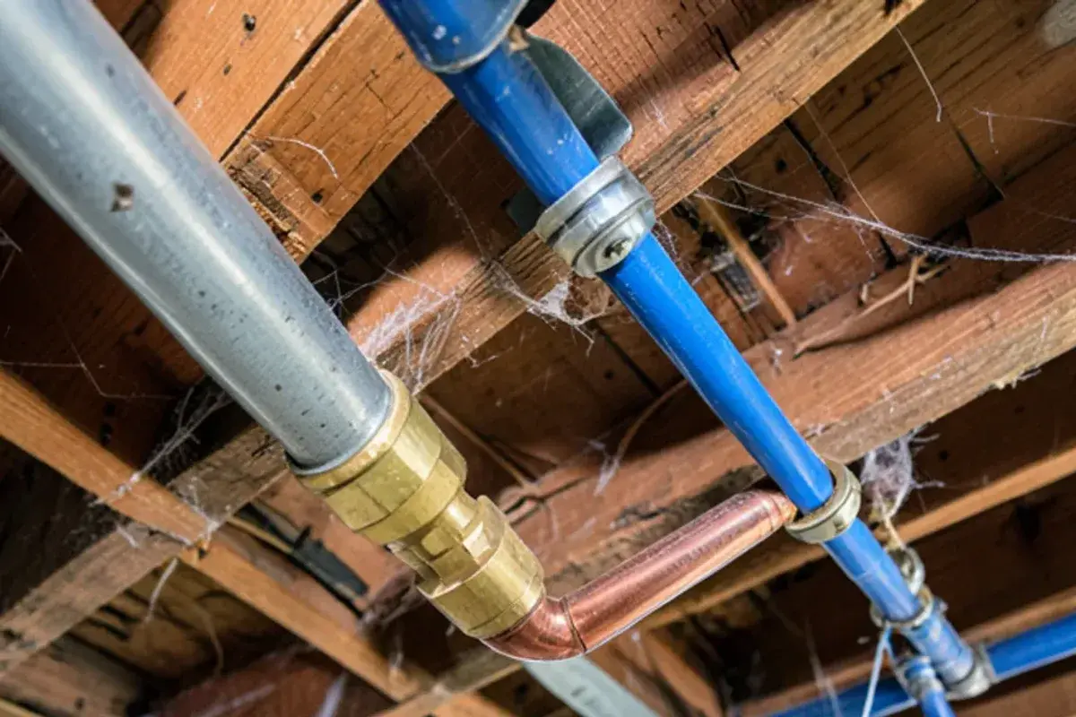 Basement in an old Romeo house where galvanized pipe is spliced to copper and PEX repairs