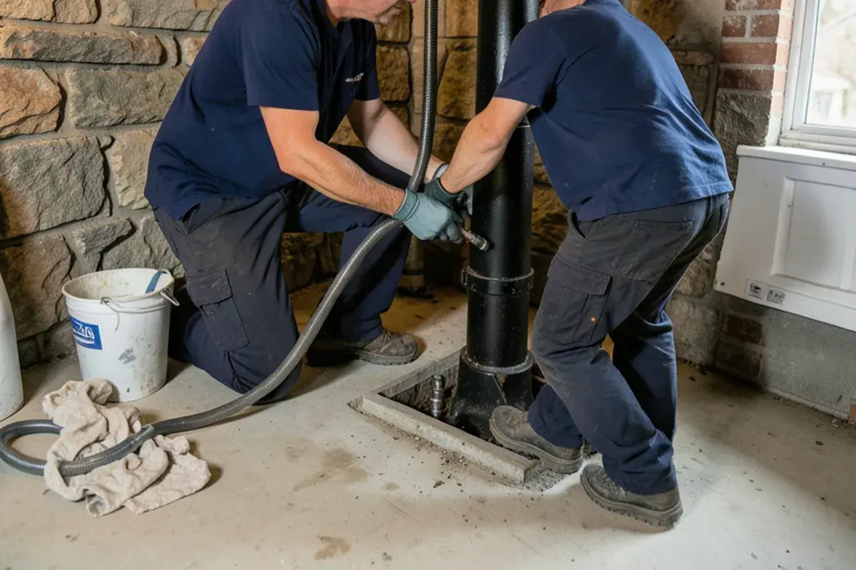 Drain cable feeding into an open cleanout on a cast iron stack in a Romeo basement