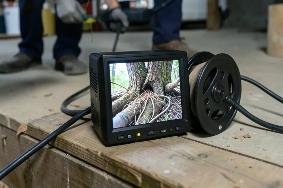Camera monitor showing tree roots inside a clay sewer joint under a Romeo village lot