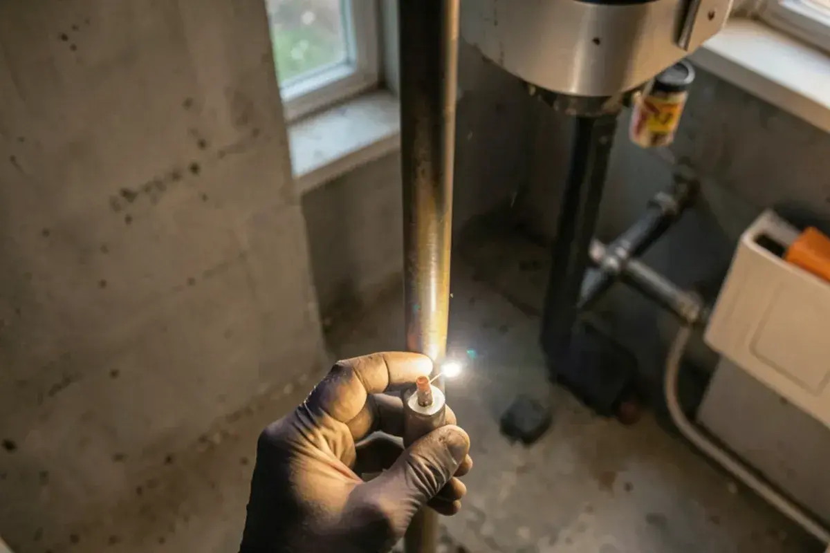 Plumber holding a magnet to the water service pipe entering a Romeo basement to check what it is made of