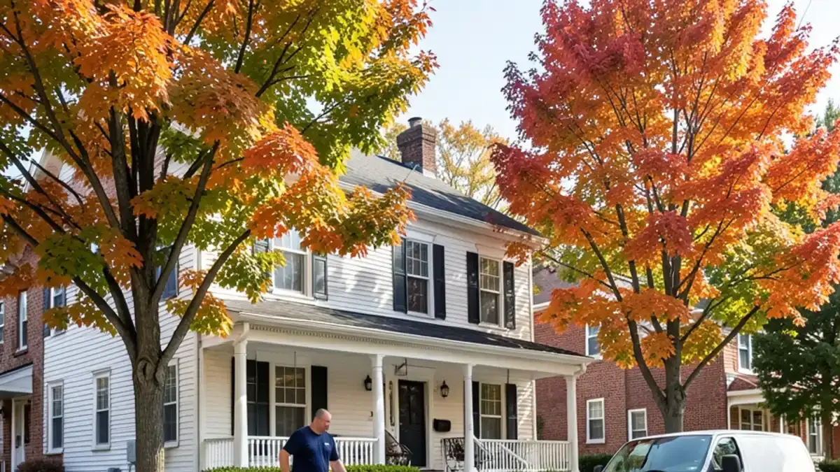Plumber wheeling a drain machine toward the side door of an 1890s clapboard house on a leafy Romeo village street in October