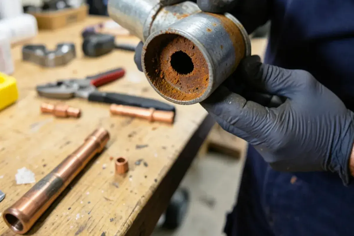 Cut section of rusted galvanized elbow showing a nearly closed bore, held over a Roseville basement workbench