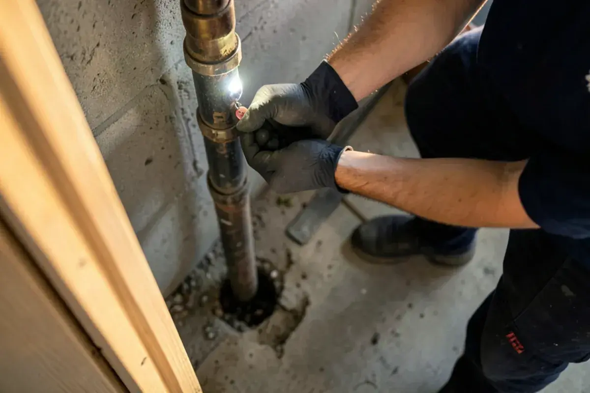Plumber testing the water service pipe below the meter with a magnet in a Roseville basement