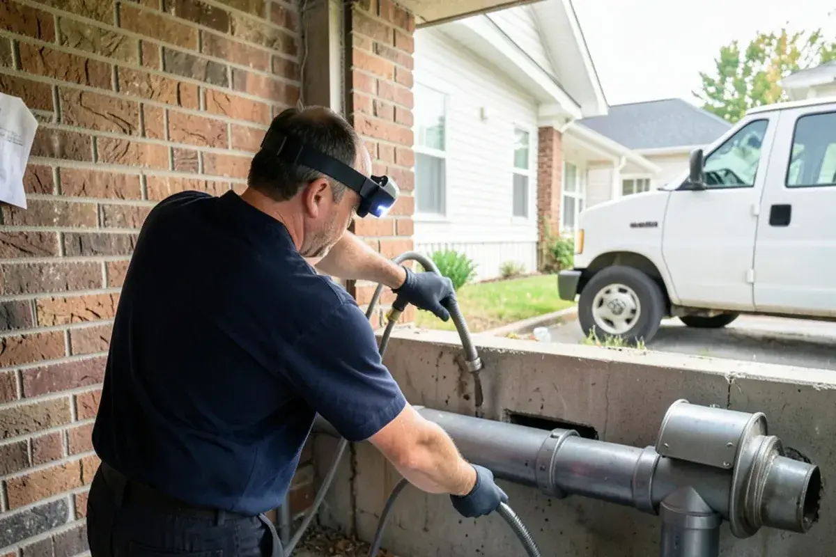 Plumber feeding a drain cable into the main cleanout of a cast iron line in a Shelby Township basement
