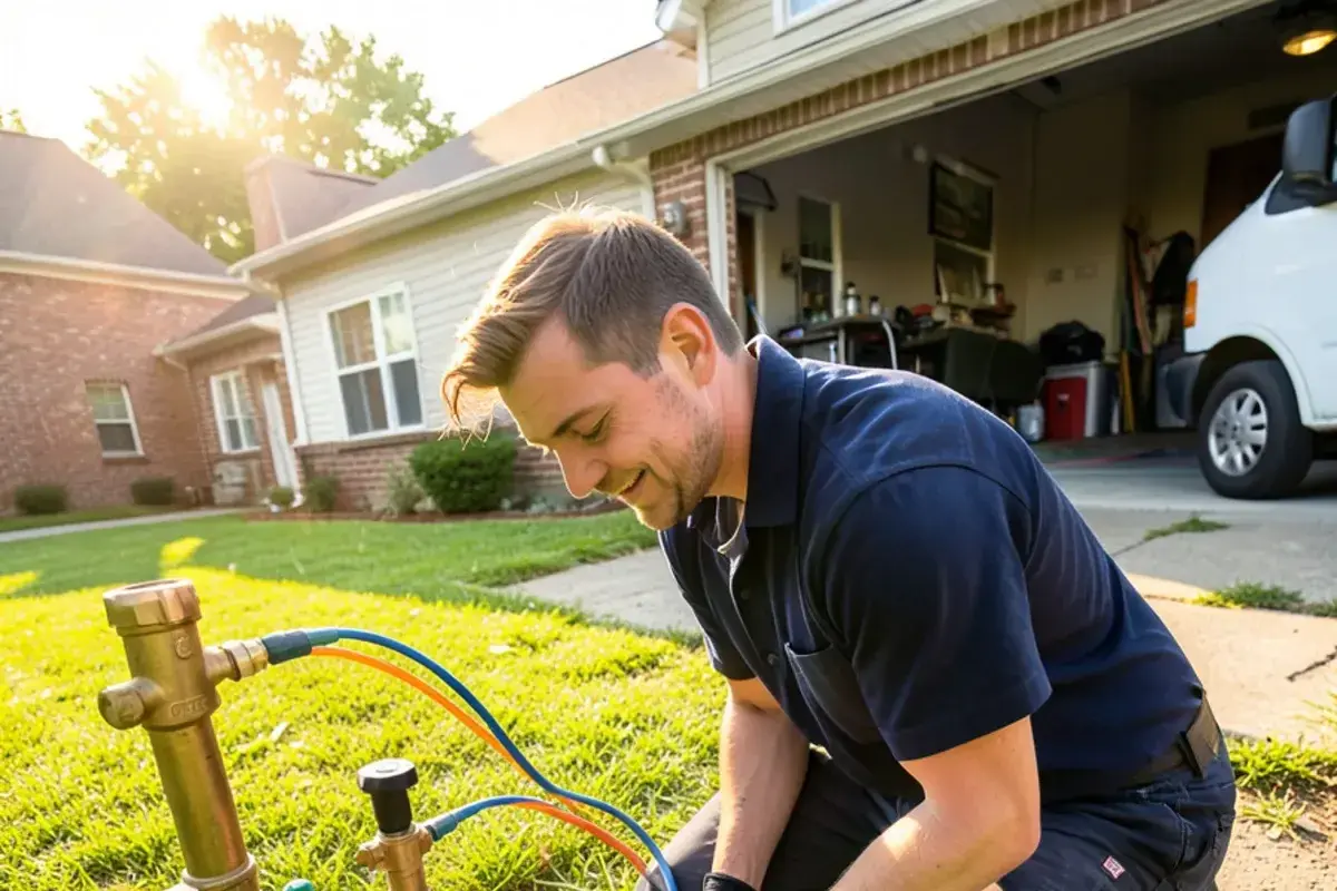 Backflow test kit hooked to a sprinkler system's pressure vacuum breaker beside a Shelby Township home in summer