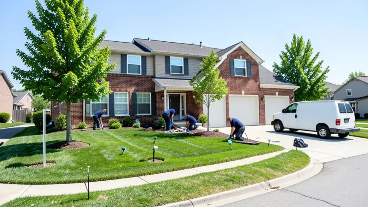 Two-story colonial with a three-car garage in a Shelby Township subdivision in midsummer, white plumbing van in the driveway