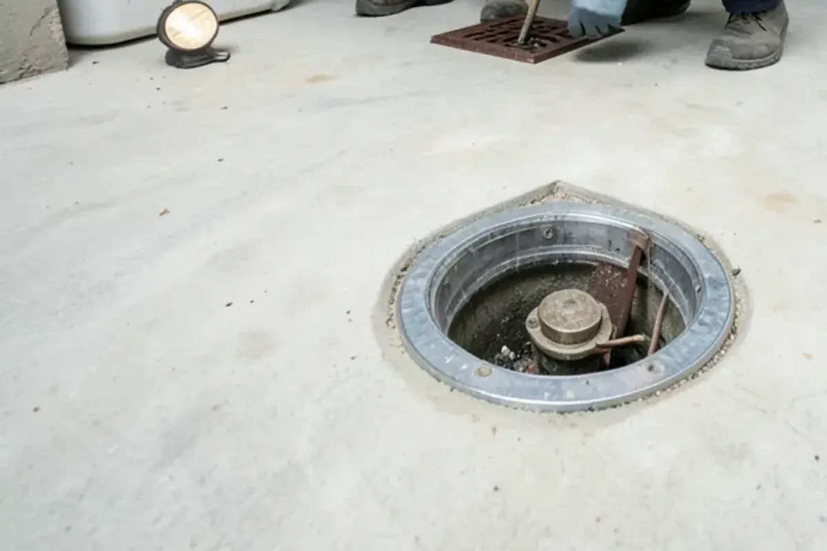 Backwater valve with a clear access lid set in a St. Clair Shores basement floor next to the floor drain