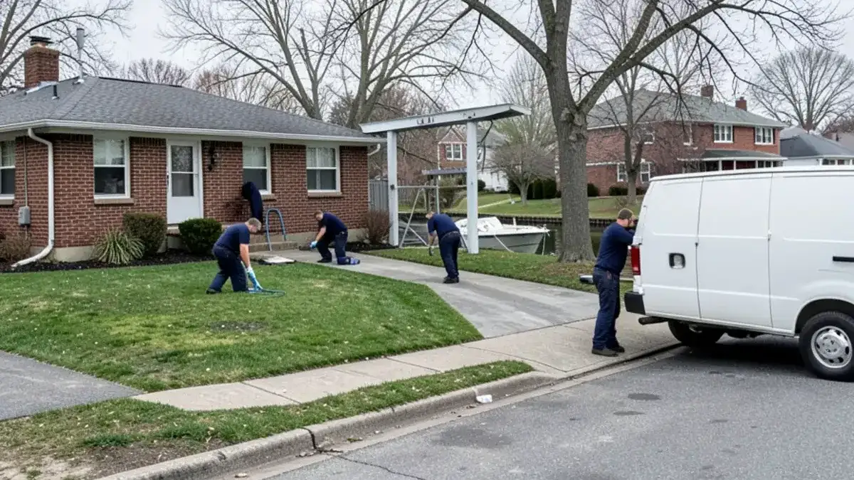 White van outside a 1950s brick bungalow in St. Clair Shores whose back yard meets a canal with a boat lift
