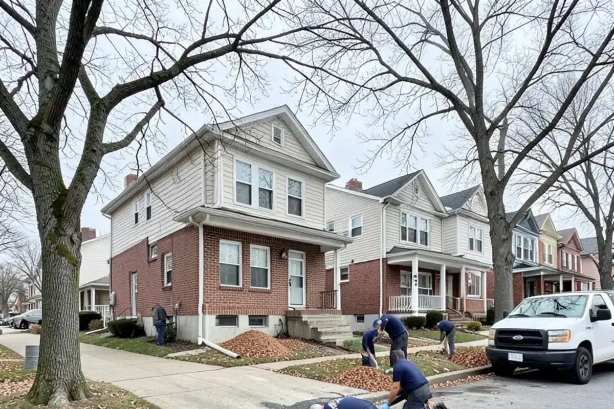Row of 1970s bi-level and colonial homes in Sterling Heights with fallen leaves along the curb