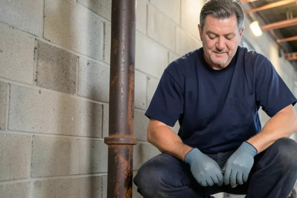 Plumber inspecting a scaled cast iron drain stack and cleanout in an unfinished Sterling Heights basement