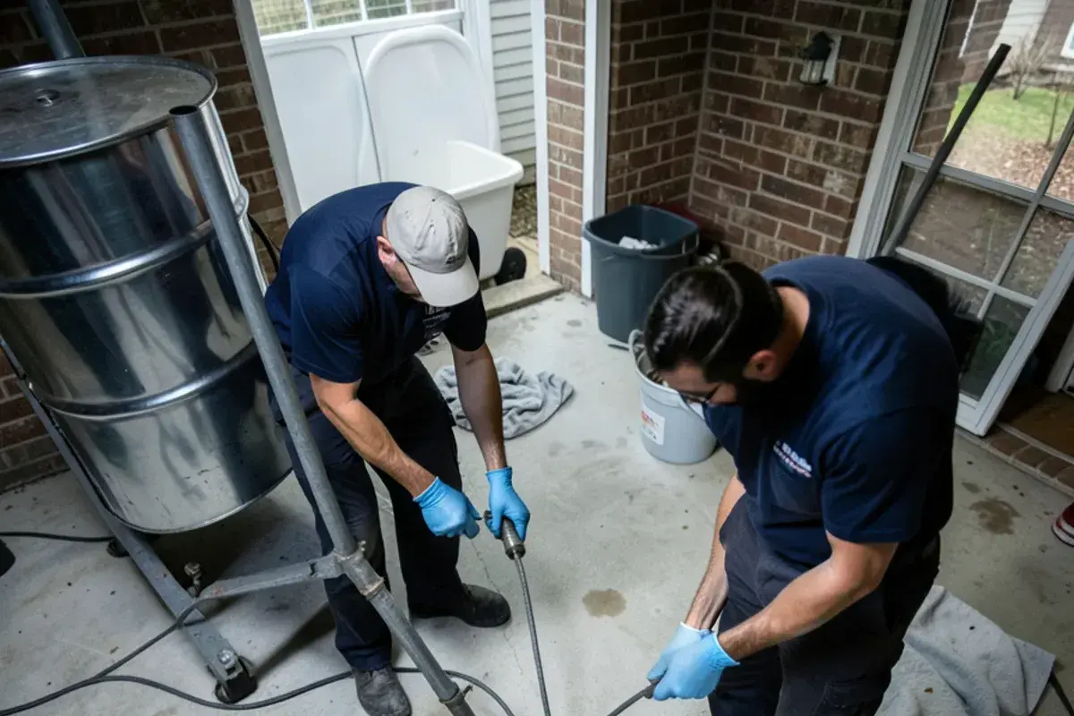 Drum drain cleaning machine feeding cable into a basement floor drain in a 1970s home