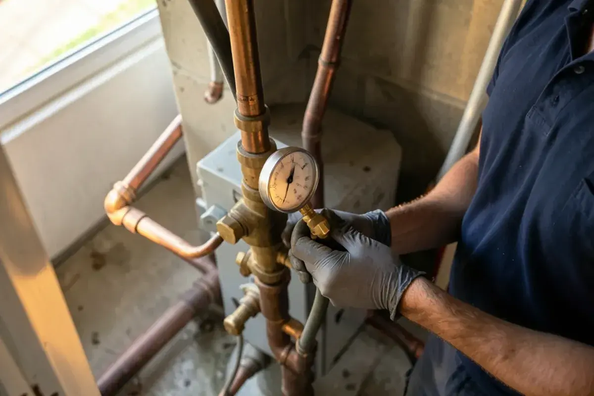 Backflow test kit connected to the fill valve assembly on a residential boiler in a Sterling Heights basement