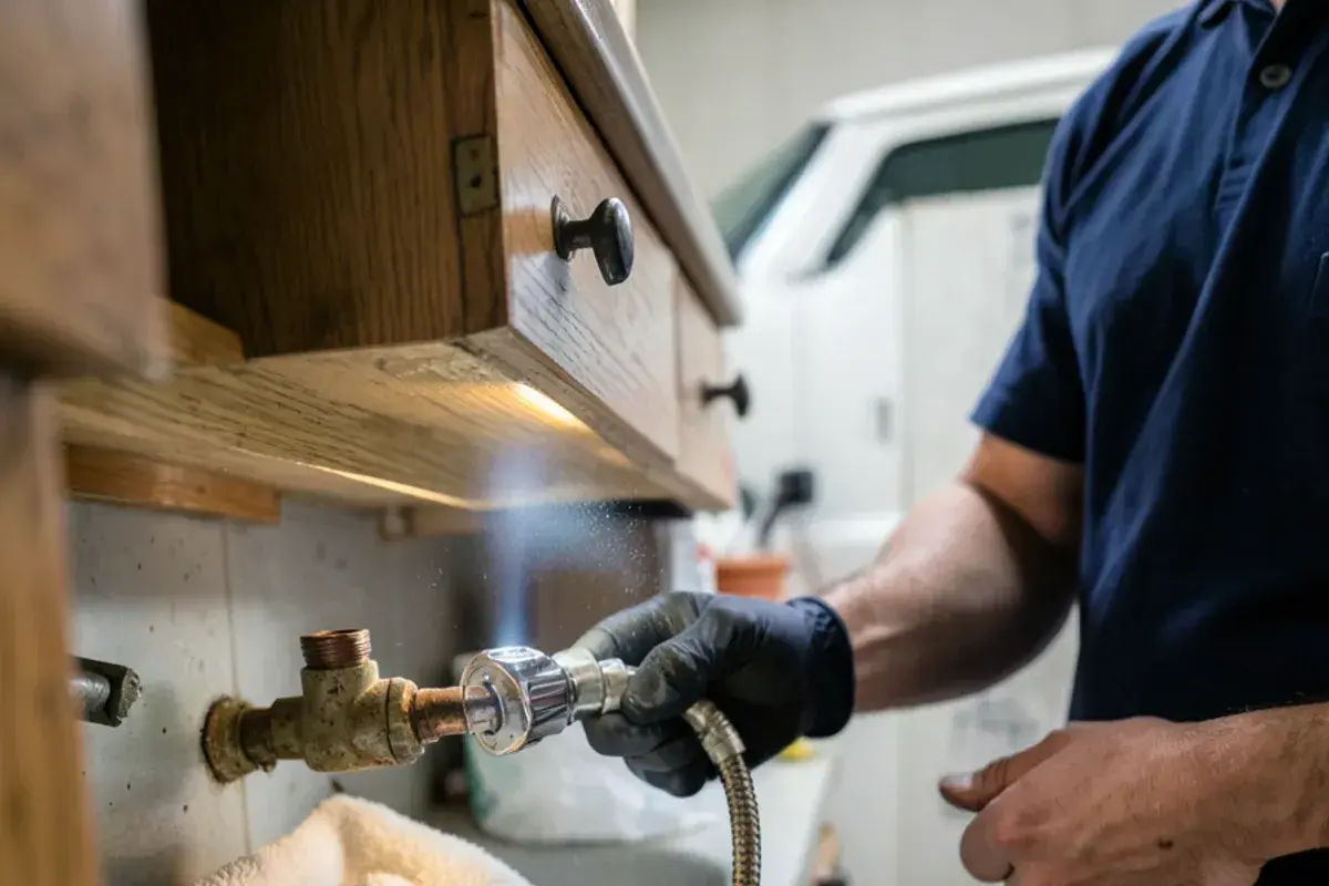 New quarter-turn shutoff valve being fitted under a vanity sink in an older Sterling Heights bathroom