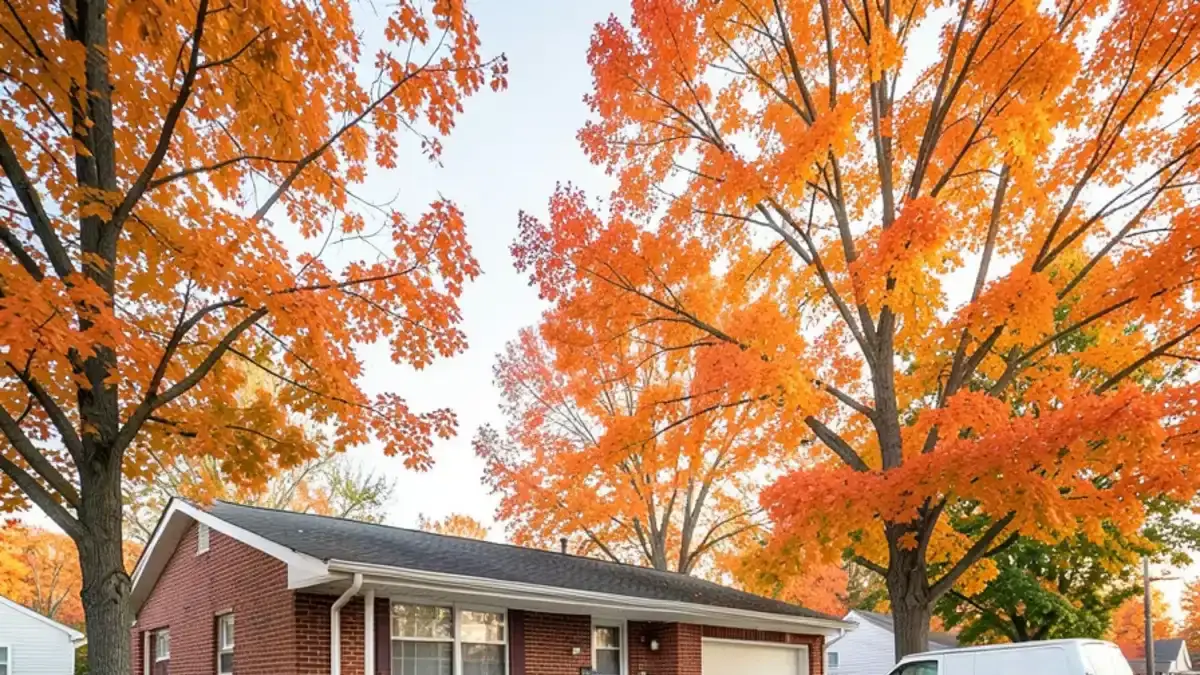 1970s brick ranch on a Sterling Heights street under mature maples in autumn, with a white plumbing van at the curb