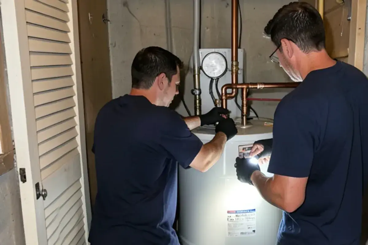 New gas water heater standing in a tight condo utility closet in Utica with fresh copper connections